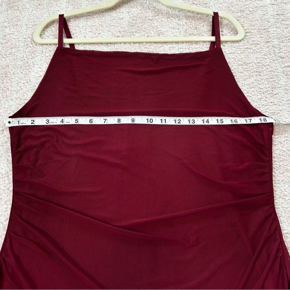 NWOT Zomva Burgundy Evening Midi Dress Mesh Second Skin Bodycon Size XL Ruched - Picture 6 of 11